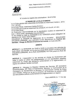 26 AT 0708 Réglementation  De La Circulation Boulevard D'Alsace Lorraine Le 30 05 2026 - Publiée Le 02 07 2026