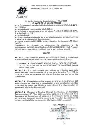 26 AT 0007 Réglementation Du Stationnement Et De La Circulation Parking Allendé Et Allée Du 51 éme R I.- Relaispour La Vie Du 30 05 Au 31 05 2026 - Publiée Le 02 07 2026