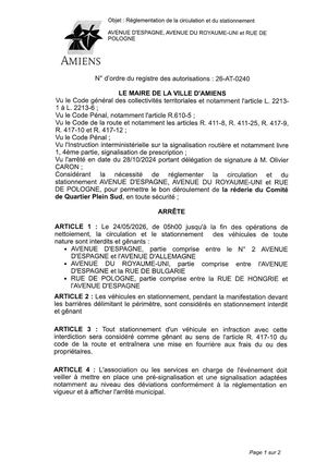 26 AT 0240 Réglementation Du Stationnement Et De La Circulation Avenue D'Espagne, Av Du Royaume Uni, Rue De Pologne Le 24 05 2026 - Publiée Le 02 07 2026