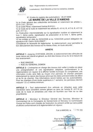 26 AT 0698 Réglementation Du Stationnement Rue Ringois Et Rue Du General Domon Jusqu'au 31 07 2026 - Publiée Le 02 07 2026