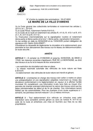 26 AT 0693 Réglementation De La Circulation Et Du Stationnement Rue De La Montagne Du 01 06 2026 Au 30 06 2026 - Publiée Le 02 07 2026