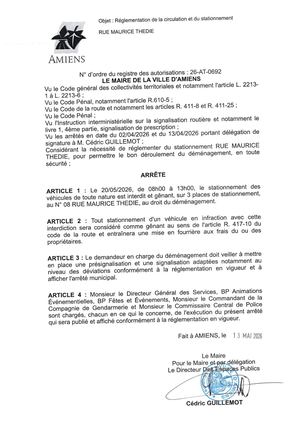 26 AT 0692 Réglementation De La Circulation Et Du Stationnement Rue Maurice Thedie Le 20 05 2026 - Publiée Le 02 07 2026