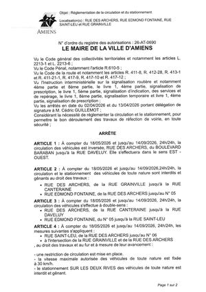 26 AT 0690 Réglementation De La Circulation Et Du Stationnement Rue Des Archers & Autres Du 18 05 2026 Au 14 09 2026 - Publiée Le 02 07 2026