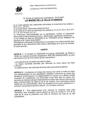 26 AT 0687 Réglementationdu Stationnement Rue Des Maraichers Du 28 05 2026 Au 29 05 2026- Publiée Le 02 07 2026
