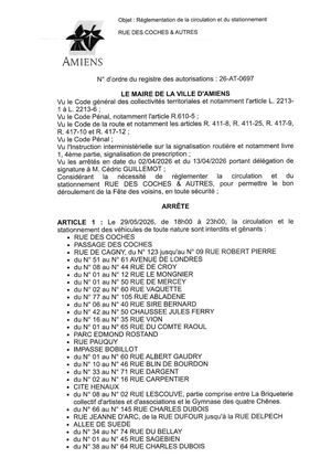 26 AT 0697  Réglementation De La Circulation Et Du Stationnement Rue Des Coches & Autres Le 29 05 2026 - Publiée Le 02 07 2026