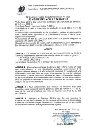 26 AT 0696 Réglementation  Du Stationnement Rue Alexandre Fatton Et Rue Lamartine Du 01 06 2026 Au 03 06 2026 - Publiée Le 02 07 2026