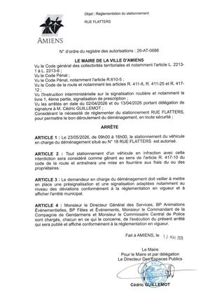26 AT 0686 Réglementation  Du Stationnement Rue Flatters Le 23 05 2026 - Publiée Le 02 07 2026