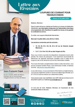 Lettre aux riverains : COUPURES DE COURANT POUR TRAVAUX ENEDIS