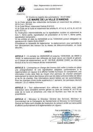 26 AT 068 2Réglementation Du Stationnement Rue Jeanne D'Arc Du 25 05 2026 Au 10 06 2026 - Publiée Le 02 07 2026