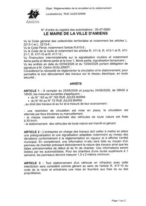 26 AT 0680 Réglementation Du Stationnement Et De La Circulation Rue Jules Barni Du 25 05 2026 Au 24 06 2026 - Publiée Le 02 07 2026