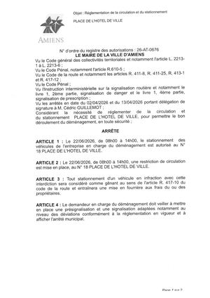 26 AT 0676 Réglementation Du Stationnement Et De La Circulation Place De L'hôtel De Ville Le 22 06 2026  - Publiée Le 02 07 2026