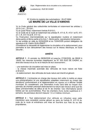 26 AT 0684 Réglementation Du Stationnement Et De La Circulation Rue De Cagny Du 08 06 2026 Au 27 06 2026 - Publiée Le 02 07 2026