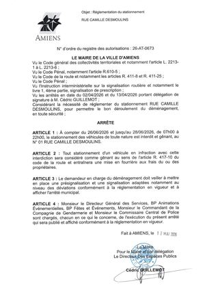 26 AT 0673 Réglementation Du Stationnement Rue Camille Desmoulins Du 26 06 2026 Au 28 06 2026  - Publiée Le 02 07 2026