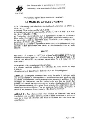 26 AT 0671 Réglementation Du Stationnement Et De La Circulation Rue Granville Et Rue Des Archers Du 18 05 2026 Au 27 05 2026  - Publiée Le 02 07 2026