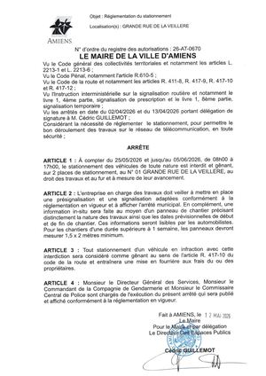 26 AT 0670 Réglementation Du Stationnement Grande Rue De La Veillere Du 25 05 2026 Au 05 06 2026 - Publiée Le 02 07 2026