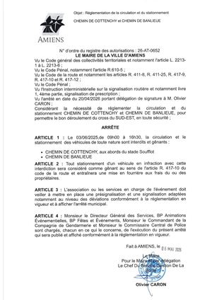 26 AT 0652 Réglementation Du Stationnement Et De La Circulation Chemin De Cottenchy Chemin De Banlieue Cross Sud Est Le 03 06 2026 - Publiée Le 02 07 2026