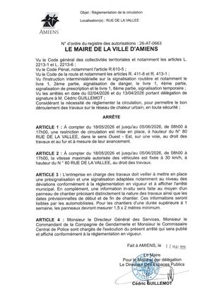 26 AT 0663 Réglementation De La Circulation Rue De La Vallée Du 18 05 2026 Au 05 06 2026 - Publiée Le 02 07 2026
