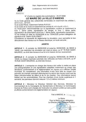 26 AT 0668 Réglementation  De La Circulation Rue Saint Maurice Du 26 05 2026 Au 08 06 2026  - Publiée Le 02 07 2026