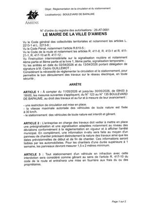 26 AT 0681  Réglementation Du Stationnement Et De La Circulation Boulevard De Bapaume Du 11 05 2026 Au 30 05 2026 - Publiée Le 02 07 2026