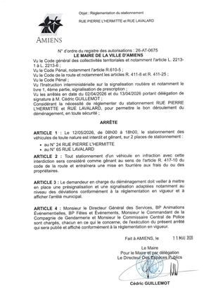 26 AT 0675  Réglementation Du Stationnement Et De La Circulation Rue Pierre L'hermitte Et Rue Lavallard Le 12 05 2026 - Publiée Le 02 07 2026