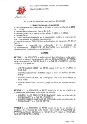 26 AT 0527 Réglementation Du Stationnement Et De La Circulation Bld De Bapaume  Feu D'artifice Le 16 05 2026 - Publiée Le 02 07 2026