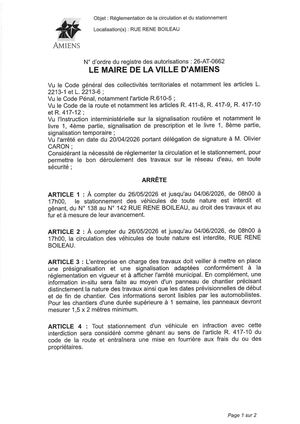 26 AT 0662  Réglementation Du Stationnement Et De La Circulation Rue Renee Boileau Du 26 05 2026 Au 04 06 2026 - Publiée Le 02 07 2026