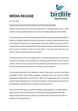 Media Release Bird Life Tasmania H5N1 Building Resilence In Tasmania Birds (1).