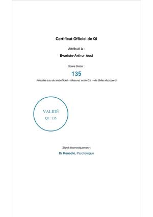 Certificat Officiel De Q I Cabinet De Psychologie & Neurosciences Abidjan
