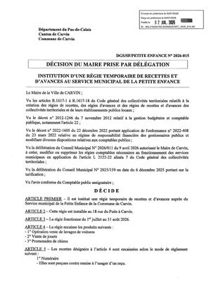Institution d'une régie temporaire au Service Municipal Petite Enfance