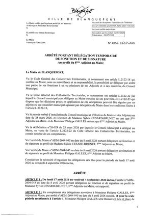 Adm 2607 100 Délégation Fonction Temporaire 8ème Adj (Congés) Pref