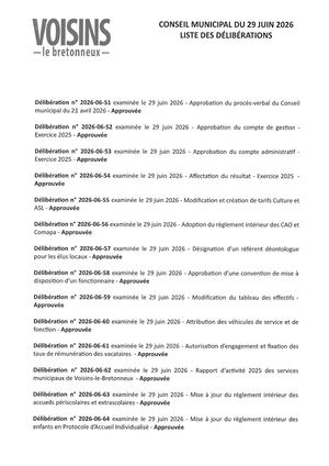 Liste des délibérations Conseil municipal du 29 06 2026
