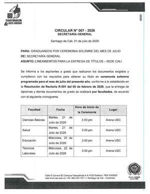 Circular N° 007 - Entrega De Titulos Grados Julio 2026 - Sede Cali