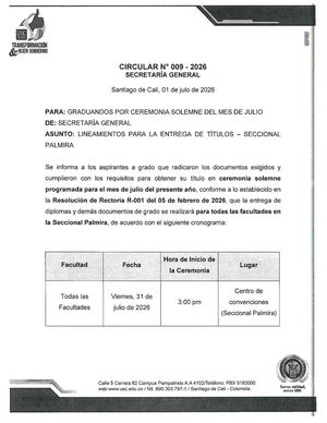 Circular N° 009 - Entrega De Titulos Grados Julio 2026 - Seccional Palmira
