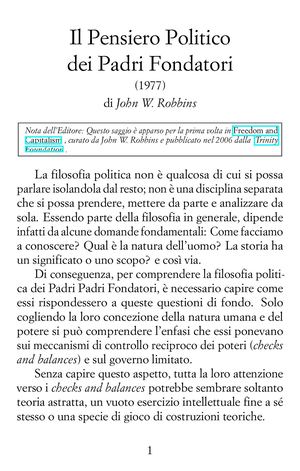 Il pensiero politico dei Padri Fondatori