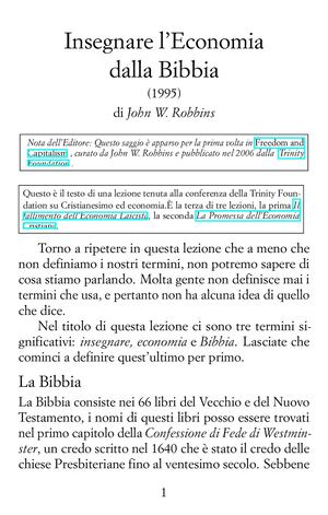 Insegnare l'Economia dalla Bibbia