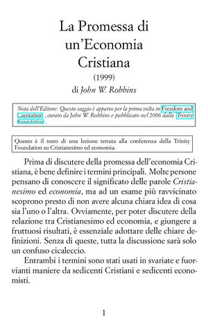 La Promessa di un'Economia Cristiana