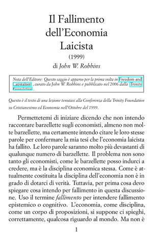 Il Fallimento dell'Economia Laicista