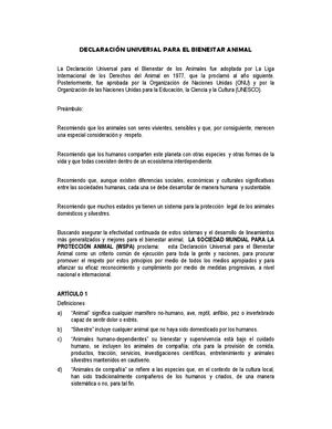Declaracion Universal para el Bienestar Animal Duba 1977
