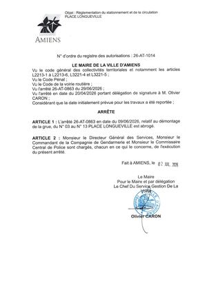 26 AT 1014 Réglementation Du Stationnement Et De La Circulation Place Longueville  - Arrêté 26 AT 0863 Est Abrogé  - Publiée Le 03 07 2026