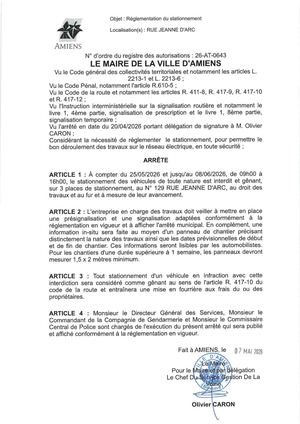 26 AT 0643 Réglementation Du Stationnement Rue Jeanne D'arc Du 25 05 2026 Au 08 06 2026 - Publiée Le 03 07 2026