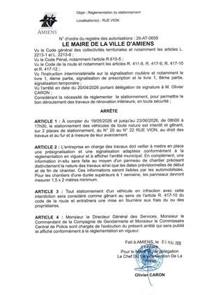 26 AT 0659 Réglementation Du Stationnement Rue Vion Du 19 05 2026 Au 23 06 2026 - Publiée Le 03 07 2026