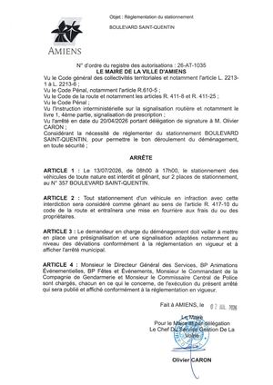 26 AT 1035 Réglementation Du Stationnement Boulevard Saint Quentin Le 13 07 2026 - Publiée Le 03 07 2026