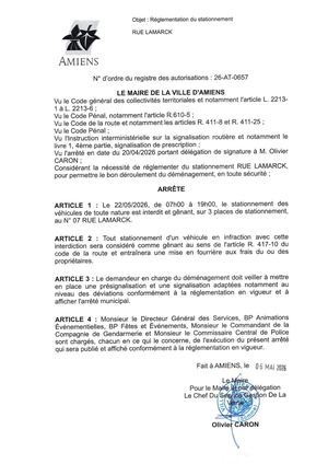 26 AT 0657 Réglementation Du Stationnement Rue Lamarck Le 22 05 2026- Publiée Le 03 07 2026