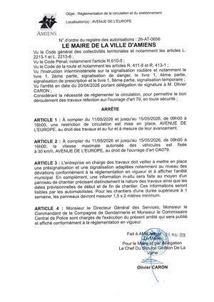 26 AT 0656 Réglementation Du Stationnement Et De La Circulation Avenue De L'Europe Du 11 05 2026 Au 15 05 2026 - Publiée Le 03 07 2026