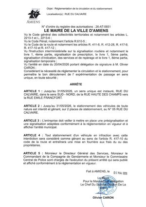 26 AT 0651 Réglementation Du Stationnement Et De La Circulation Rue Du Calvaire Jusqu'au 31 05 2026 - Publiée Le 03 07 2026