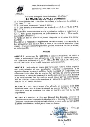 26 AT 0647 Réglementation Du Stationnement Rue Saint Fuscien Du 18 05 2026 Au 29 05 2026 - Publiée Le 03 07 2026