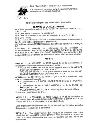 26 AT 0568 Réglementation Du Stationnement De La Circulation Place Du Marechal Foch, Av Du General Foy & Autres Le 08 05 2026 - Publiée Le 03 07 2026