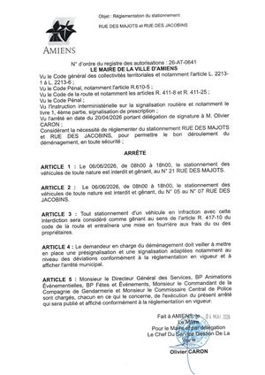 26 AT 0641 Réglementation Du Stationnement Rue Des Majots Et Rue Des Jacobins Le 06 06 2026  - Publiée Le 03 07 2026