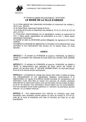26 AT 0638 Réglementation Du Stationnement De La Circulation Rue Jeanne D'arc Du 01 06 2026 Au 15 06 2026  - Publiée Le 03 07 2026