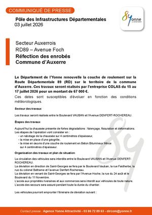 Secteur Auxerrois RD89 – Avenue Foch Réfection des enrobés Commune d’Auxerre